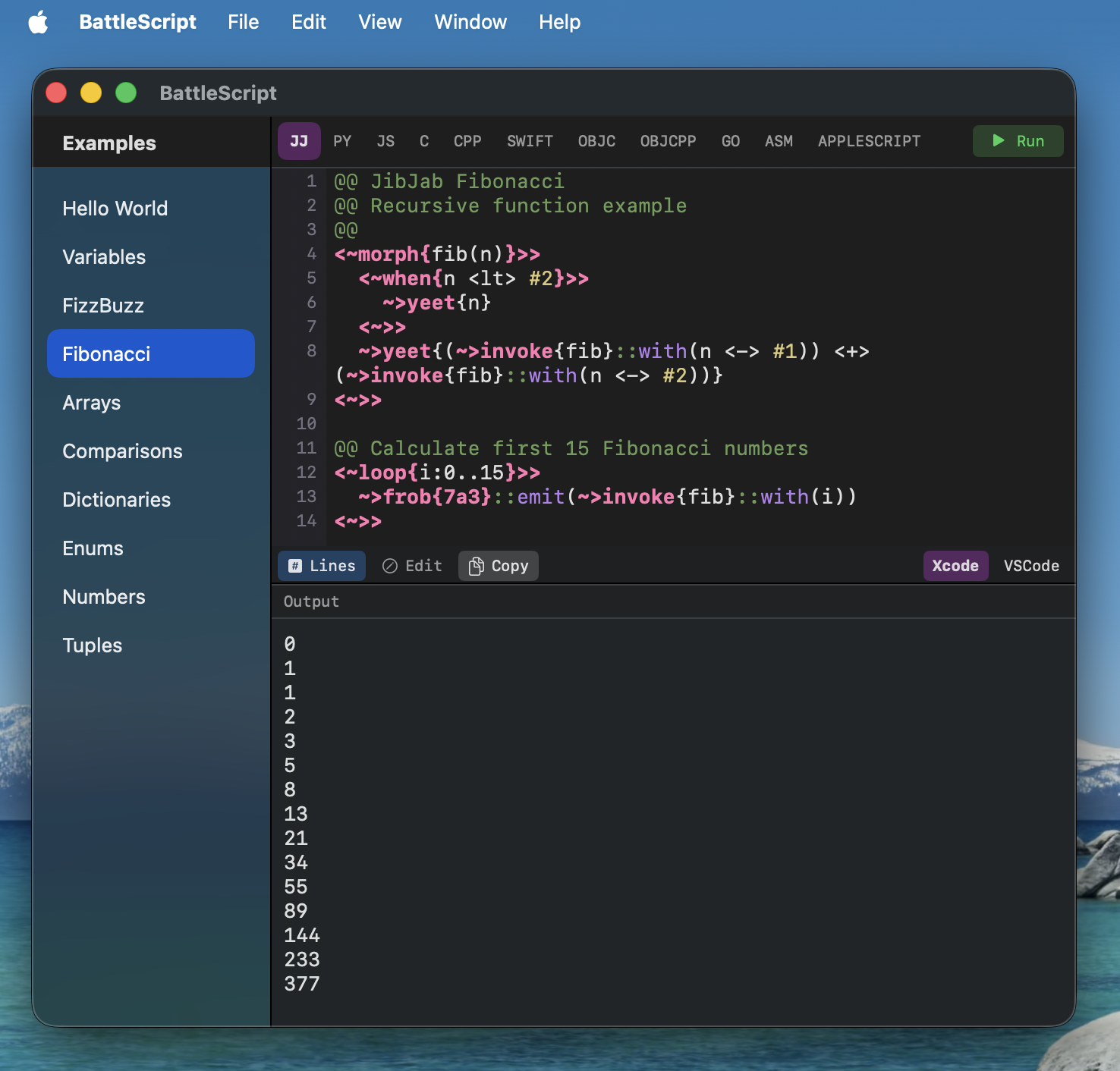 BattleScript IDE showing JJ FizzBuzz example with code editor, language tabs, and output panel